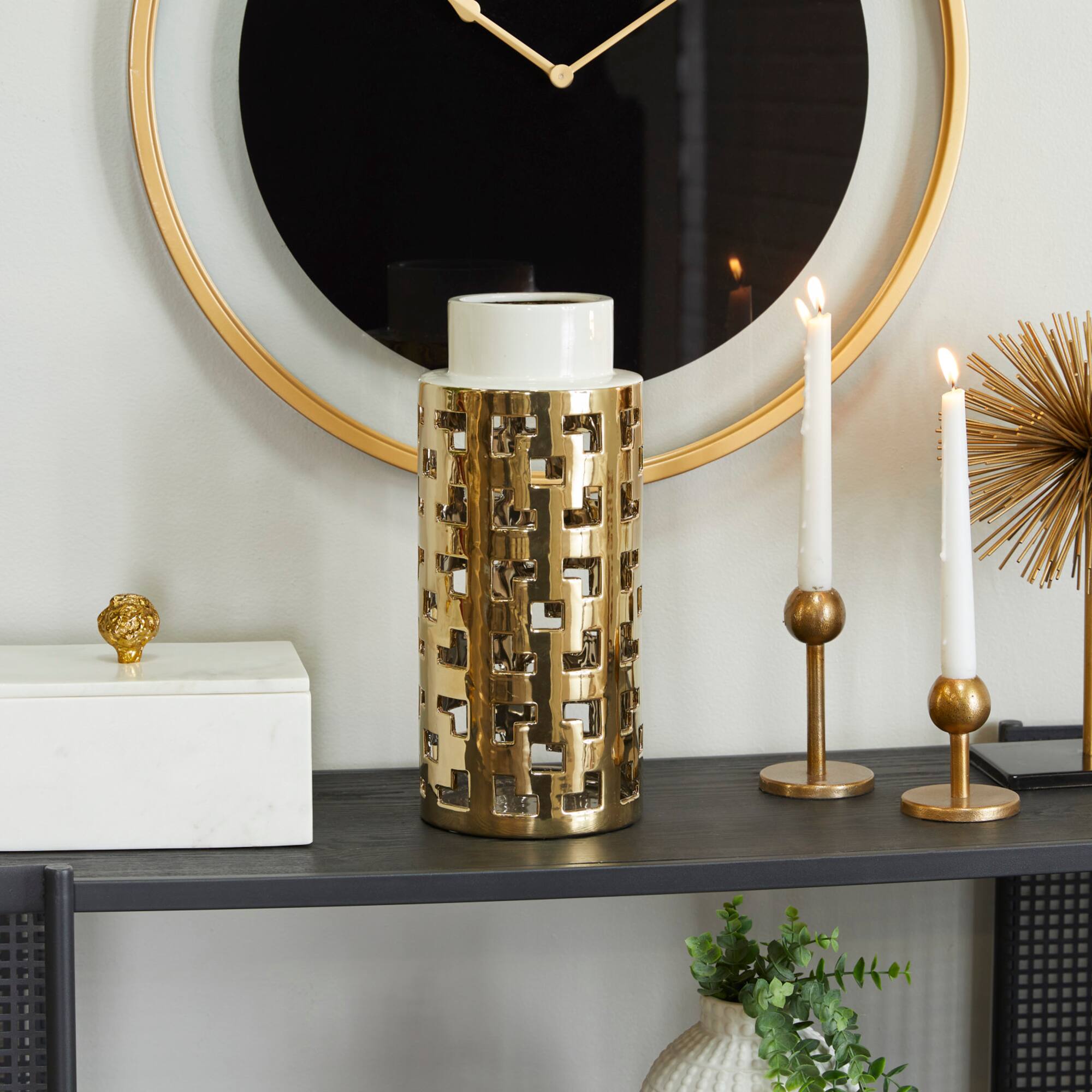 Gold Stoneware Glam Vase, 14" x 6" x 6"